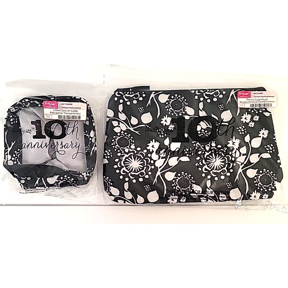 Thirty-One Thermal Zip Pouch & Littles Carry-All Caddy Black Floral Brushstrokes